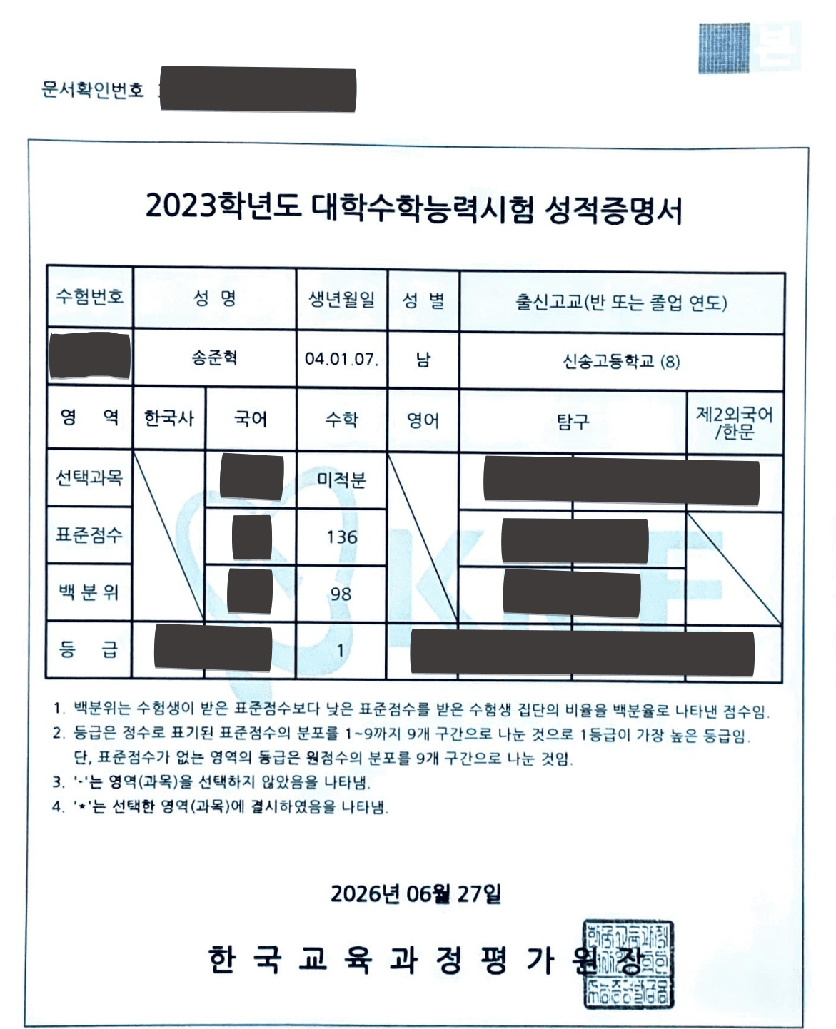 2023학년도 수능 (현역) 수능 성적증명서