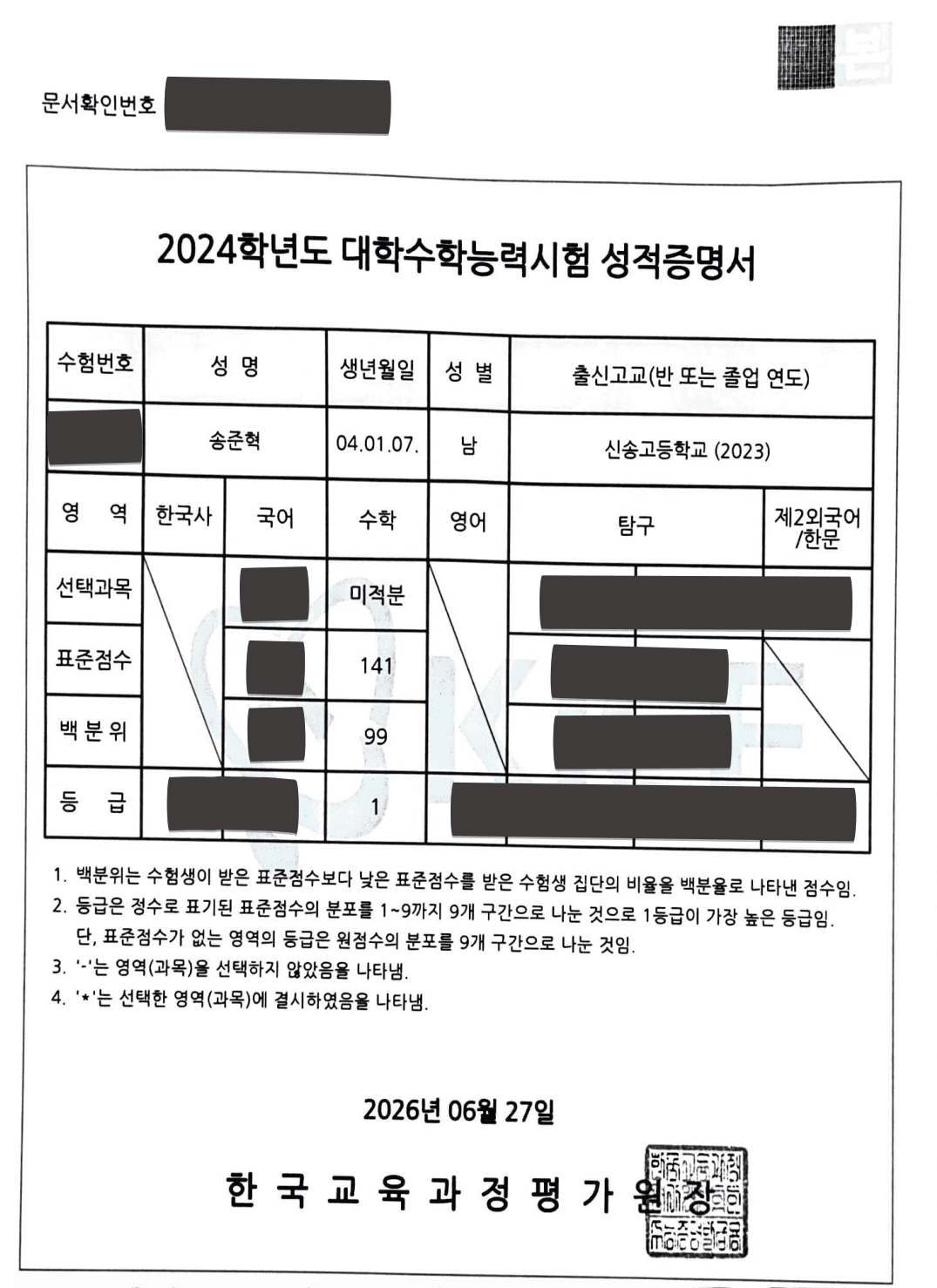 2024학년도 수능 수능 성적증명서